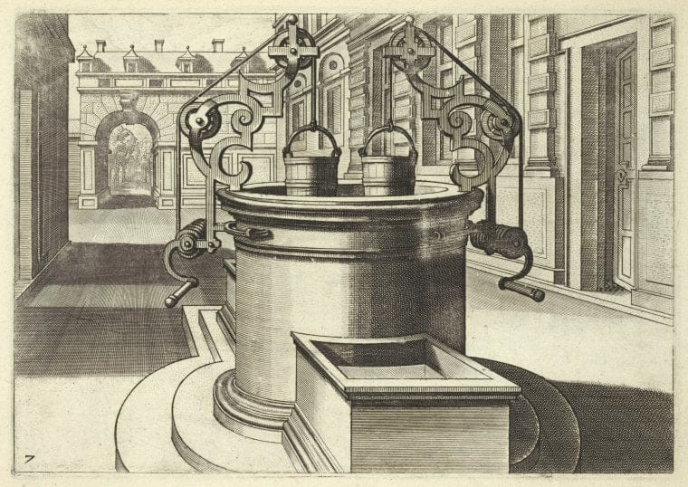 Art Print : Double Pulley Well in Plaza, 1527 - Vintage Wall Art V1