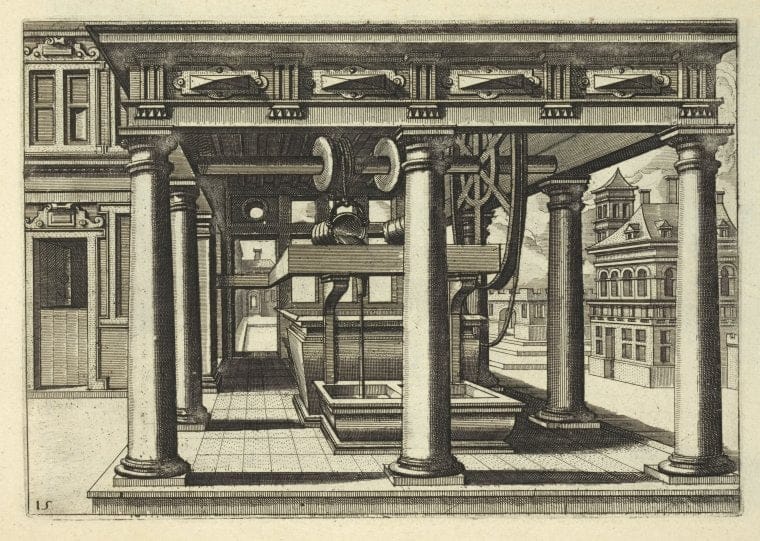 Art Print : Well House in Plaza with Double Pulleys and troughs, 1527 - Vintage Wall Art