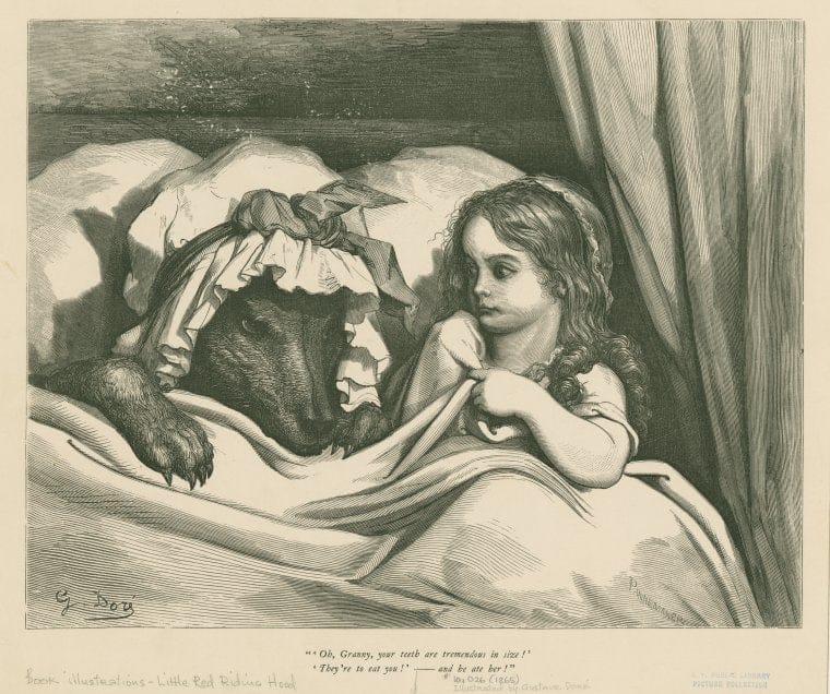 Art Print : Oh, Granny, Your Teeth are Tremendous in Size!'/'They're to eat You!' - and he ate her! - Vintage Wall Art