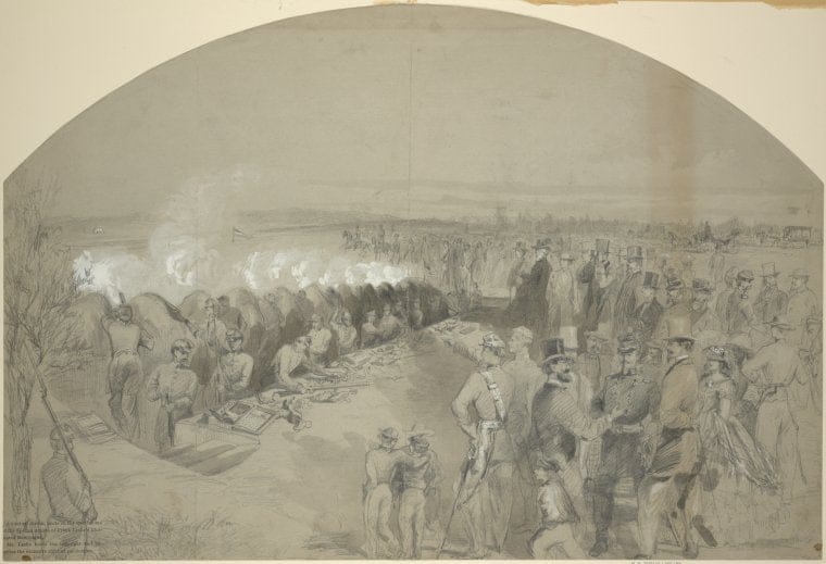 Art Print : 1861, Practicing with The Celebrated Sawyer Gun on The Rebel Batteries at Sewell's - Vintage Wall Art