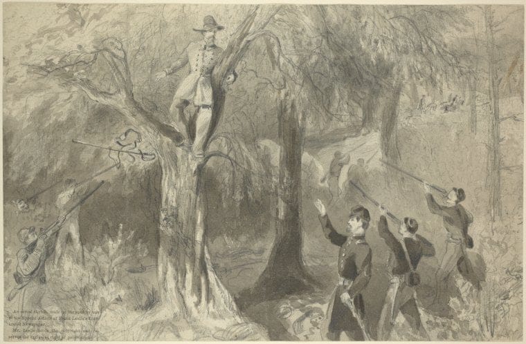 Art Print : 1861, A Rebel treed. Arrest of Rebel Officer Lt. H. J. Segal - Vintage Wall Art