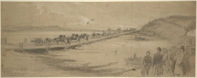 Art Print : 1861, Experimenting with The Rubber pontoons and Rope Bridge at Camp Alexander - Vintage Wall Art