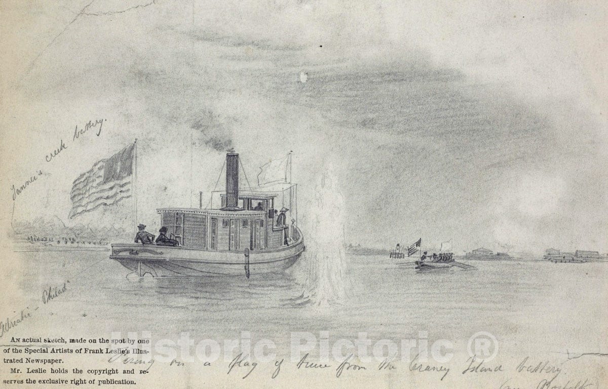 Art Print : 1861, Firing of a Flag of truce from The Craney Island Battery Near Norfolk (Adriatic of Phila.) - Vintage Wall Art