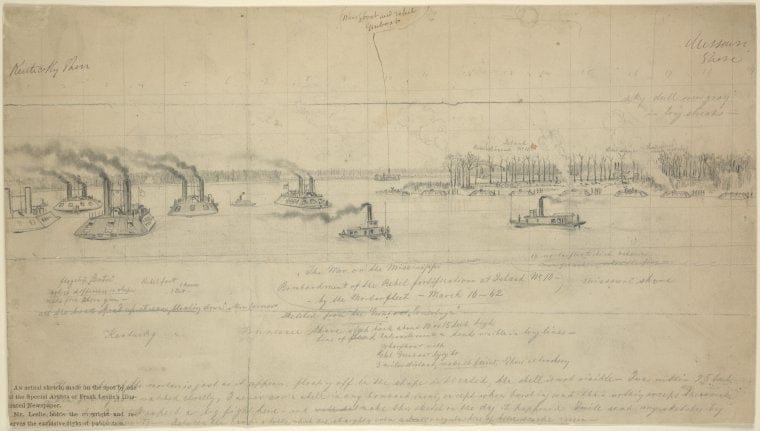 Art Print : 1861, The war on The Mississippi. Bombardment of The Rebel fortifications at Island no.10. March 16, 1862 - Vintage Wall Art