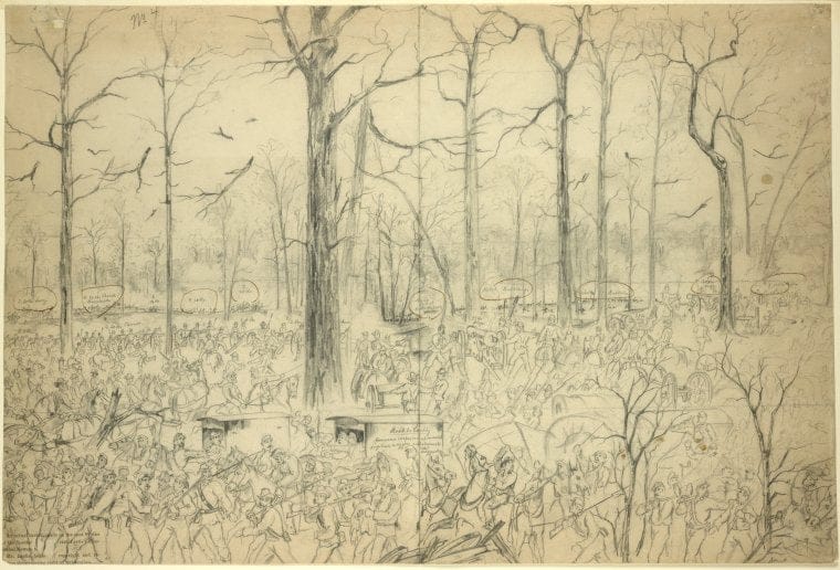 Art Print : 1862, Battle of Pittsburg Landing (Shiloh), Sunday Evening, 6 o'clock, April 6, 1862 - Vintage Wall Art