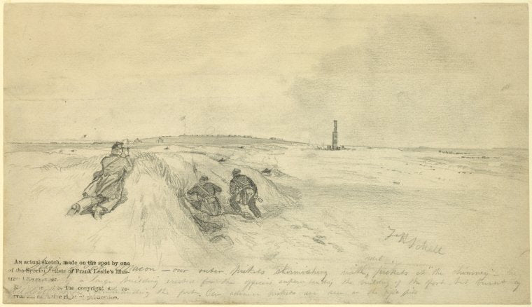 Art Print : 1861, Siege of Fort Macon,Our Outer pickets skirmishing. April 11th, 1862 - Vintage Wall Art