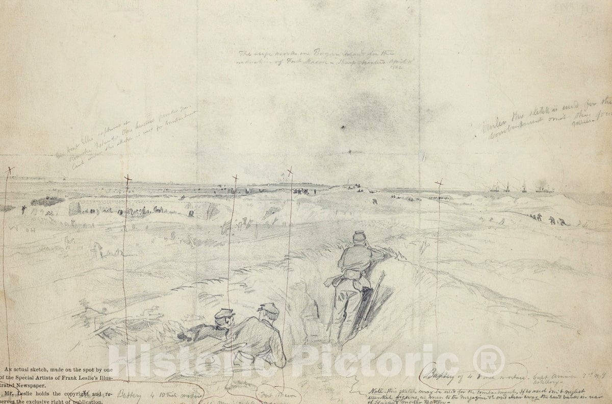 Art Print : 1862, Siege Works on Bogue Island, for The Reduction of Fort Macon, N.C. April 11, 1862 - Vintage Wall Art
