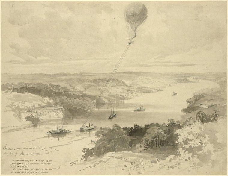 Art Print : 1861, Balloon Reconnaissance on Banks of James River - Vintage Wall Art