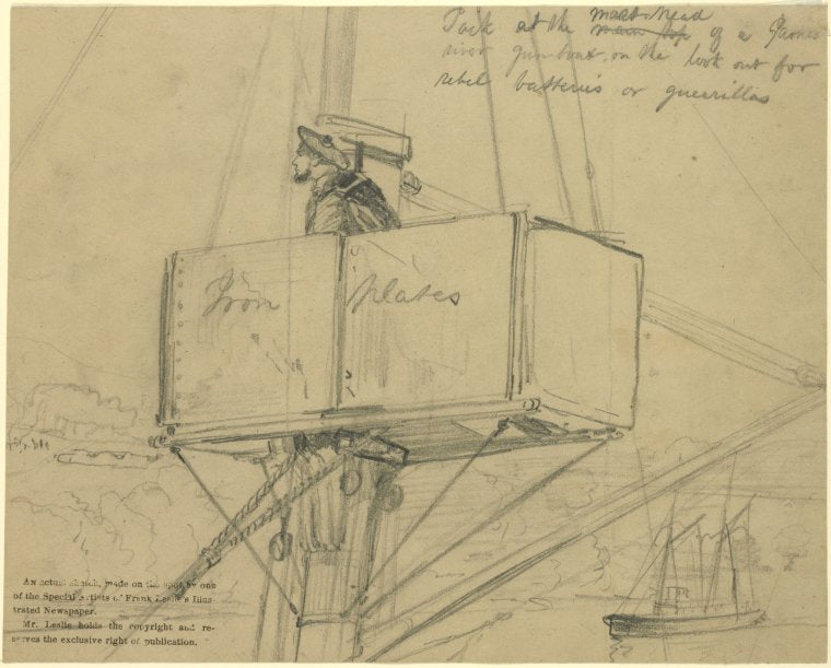 Art Print : 1861, Jack at The Masthead of a James River Gunboat on The Look-Out for Rebel Batteries or guerillas. May 1862 - Vintage Wall Art