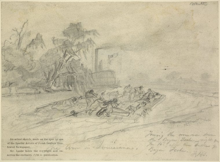 Art Print : 1861, The war in Louisiana. Towing The Wounded Down The Bayou of La Teche, Night of Jan. 14th After The Battle Teche Bayou - Vintage Wall Art