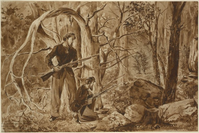 Art Print : 1861, Stalking The Enemy in The Forest; Two Soldiers Watching Enemy Soldiers in Camouflage, at Chattanooga, Tenn. Nov. 11, 1863 - Vintage Wall Art