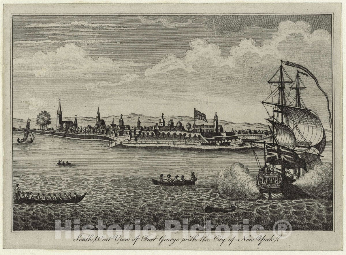 Art Print : 1778, South west View of Fort George with The City of New York. - Vintage Wall Art