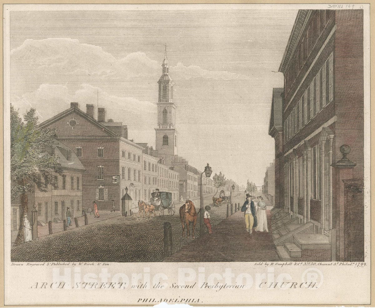 Art Print : 1799, Arch Street, with The Second Presbyterian Church, Philadelphia. - Vintage Wall Art