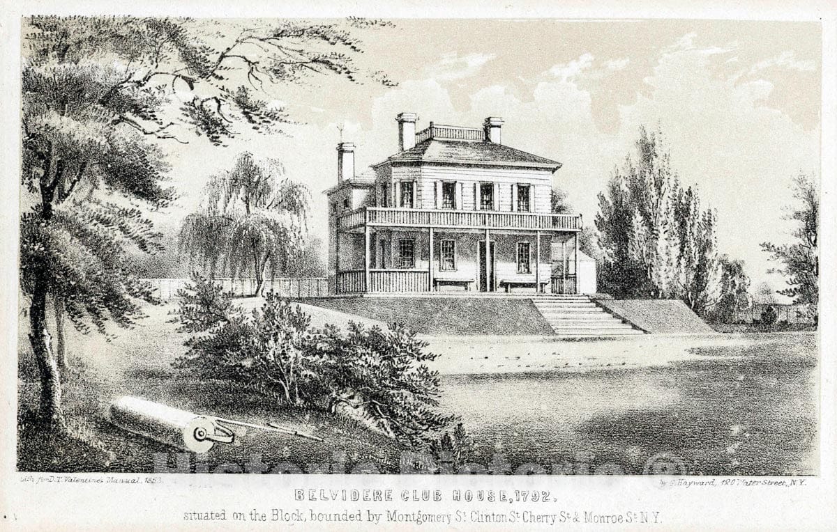Art Print : 1801, Belvidere Club House, 1792, situated on The Block Bounded by Montgomery St. Clinton St, Cherry St. & Monroe St. - Vintage Wall Art