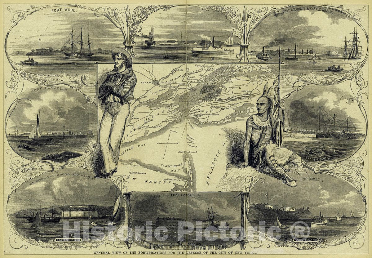 Art Print : 1880, General View of The fortifications for The Defense of The City of New York - Vintage Wall Art