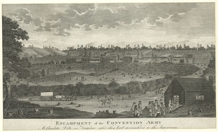 Art Print : c.1760 , Encampment of The Convention Army at Charlotte Ville in Virginia After They had surrendered to The Americans - Vintage Wall Art