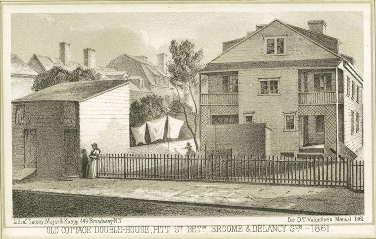 Art Print : 1828, Old Cottage Double-House Pitt St. betw. Broome & Delancy STS. 1861 - Vintage Wall Art