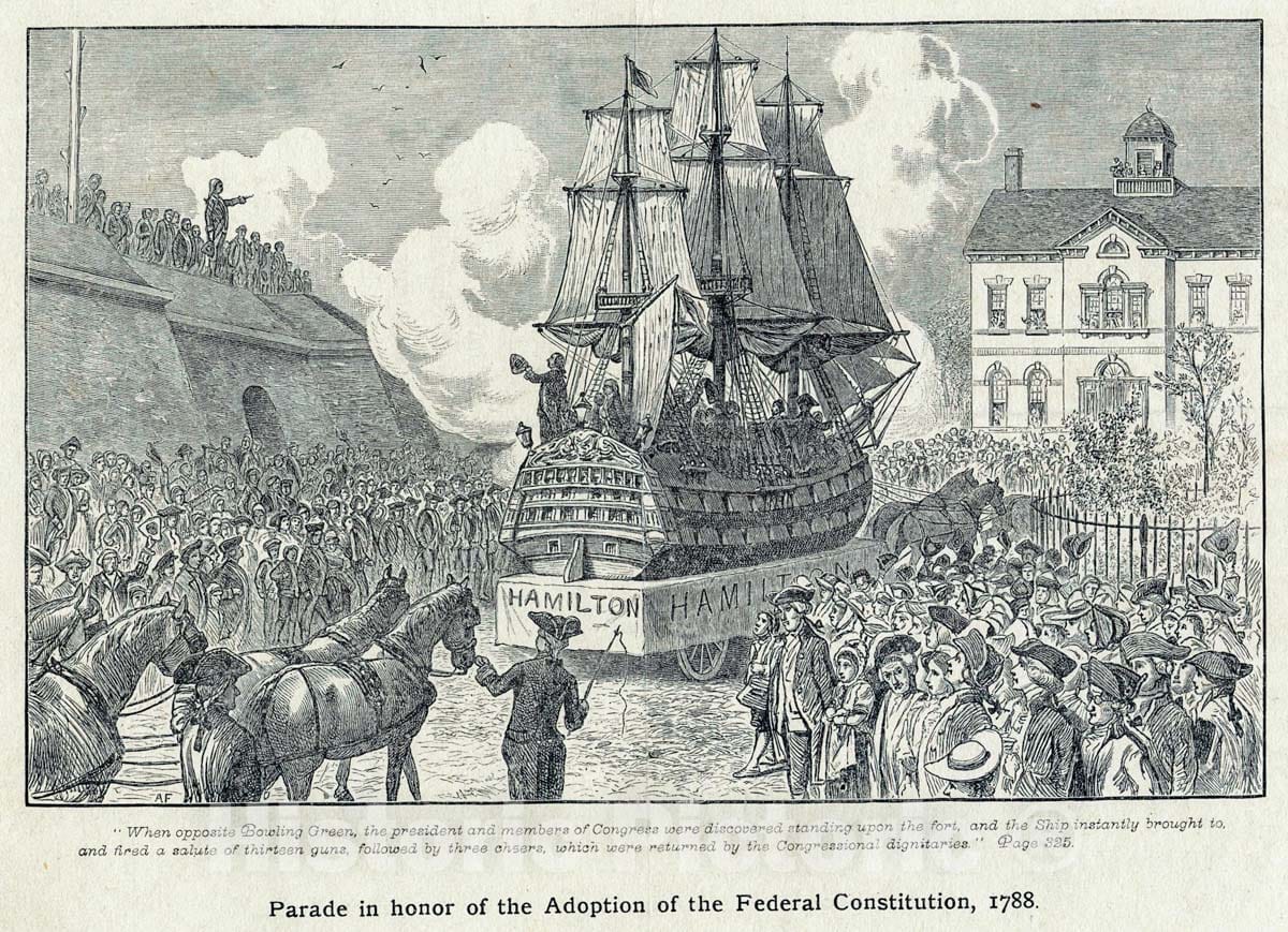 Art Print : c.1775 , Parade in Honor of The Adoption of The Federal Constitution, 1788 - Vintage Wall Art