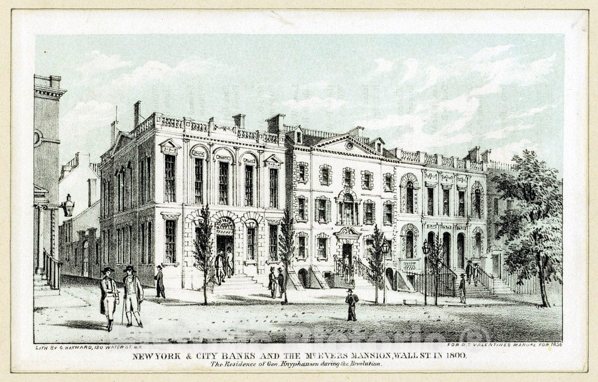 Art Print : c.1760 , New York & City Banks and The McEvers Mansion, Wall St. in 1800 The Residence of Gen. Knyphausen During The Revolution - Vintage Wall Art