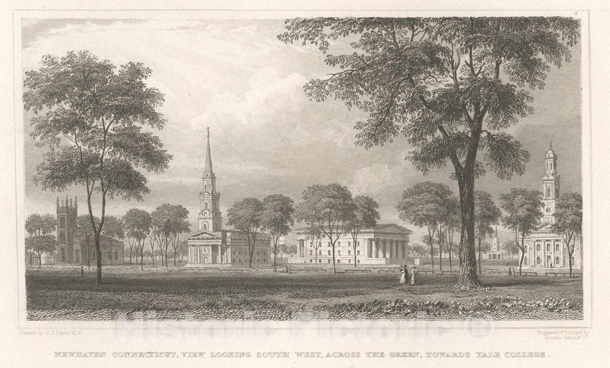 Art Print : Newhaven Connecticut, View Looking South west Across The Green, Towards Yale College. - Vintage Wall Art
