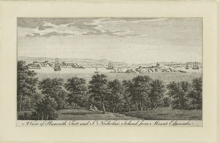 Art Print : A View of Plymouth Fort and St. Nicholas's Island from Mount Edgcumbe - Vintage Wall Art