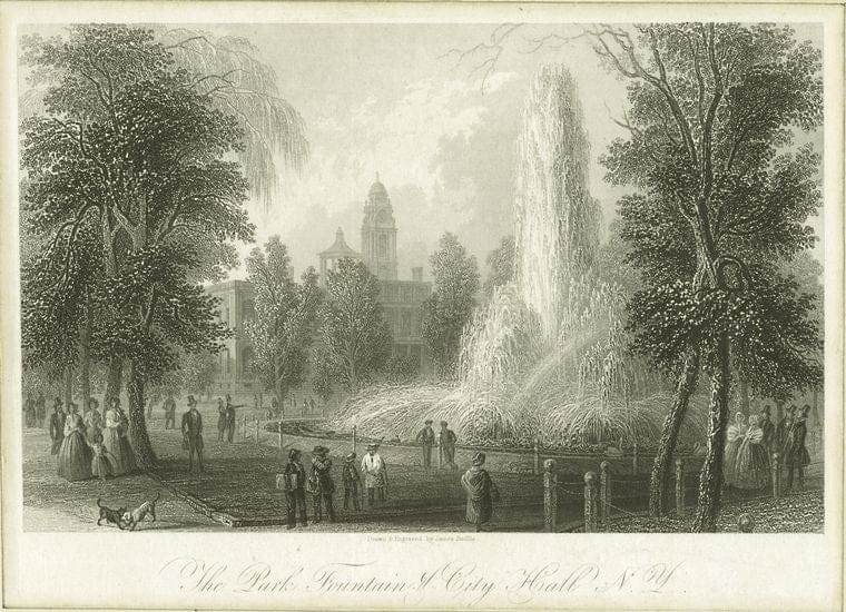 Art Print : c.1760 , The Park Fountains & City Hall N.Y. - Vintage Wall Art