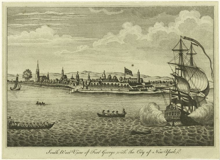 Art Print : c.1760 , South west View of Fort George with The City of New York - Vintage Wall Art