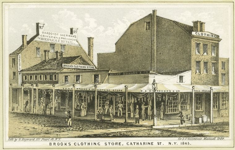 Art Print : 1828, Brooks Clothing Store, Catharine St. N.Y. 1845 - Vintage Wall Art