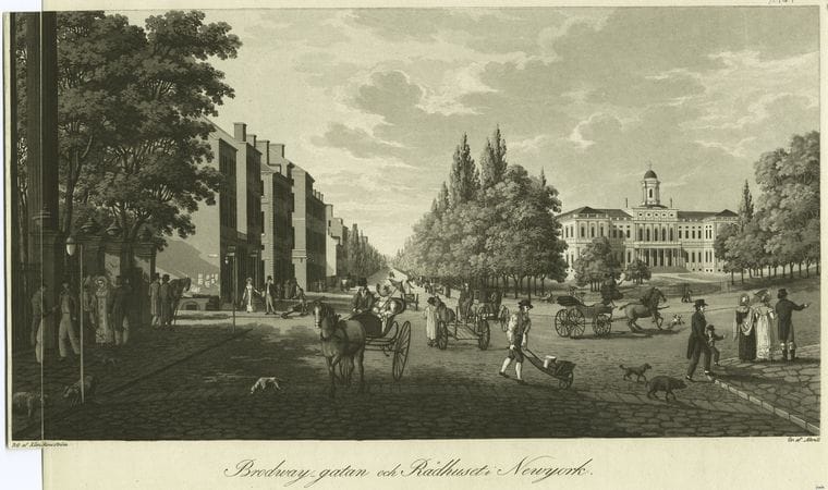 Art Print : 1828, Brodway-gatan Och Radhuset: Newyork - Vintage Wall Art