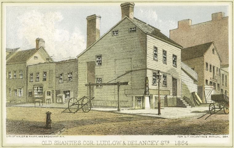 Art Print : 1828, Old Shanties cor. Ludlow & Delancey STS. 1864 - Vintage Wall Art