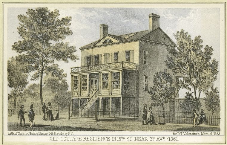 Art Print : 1828, Old Cottage Residence in 16th St. Near 3D. Ave. 1861 - Vintage Wall Art