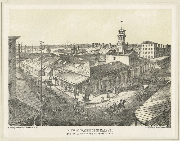 Art Print : 1801, View of Washington Market from The S.E. cor. of Fulton & Market STS. 1859 - Vintage Wall Art