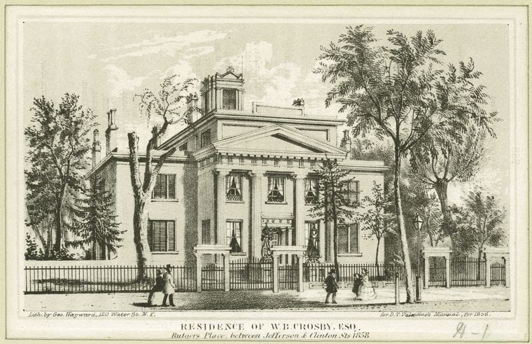 Art Print : 1828, Residence of W.B. Crosby Esq. Rutgers Place, Between Jefferson & Clinton STS. 1858 - Vintage Wall Art