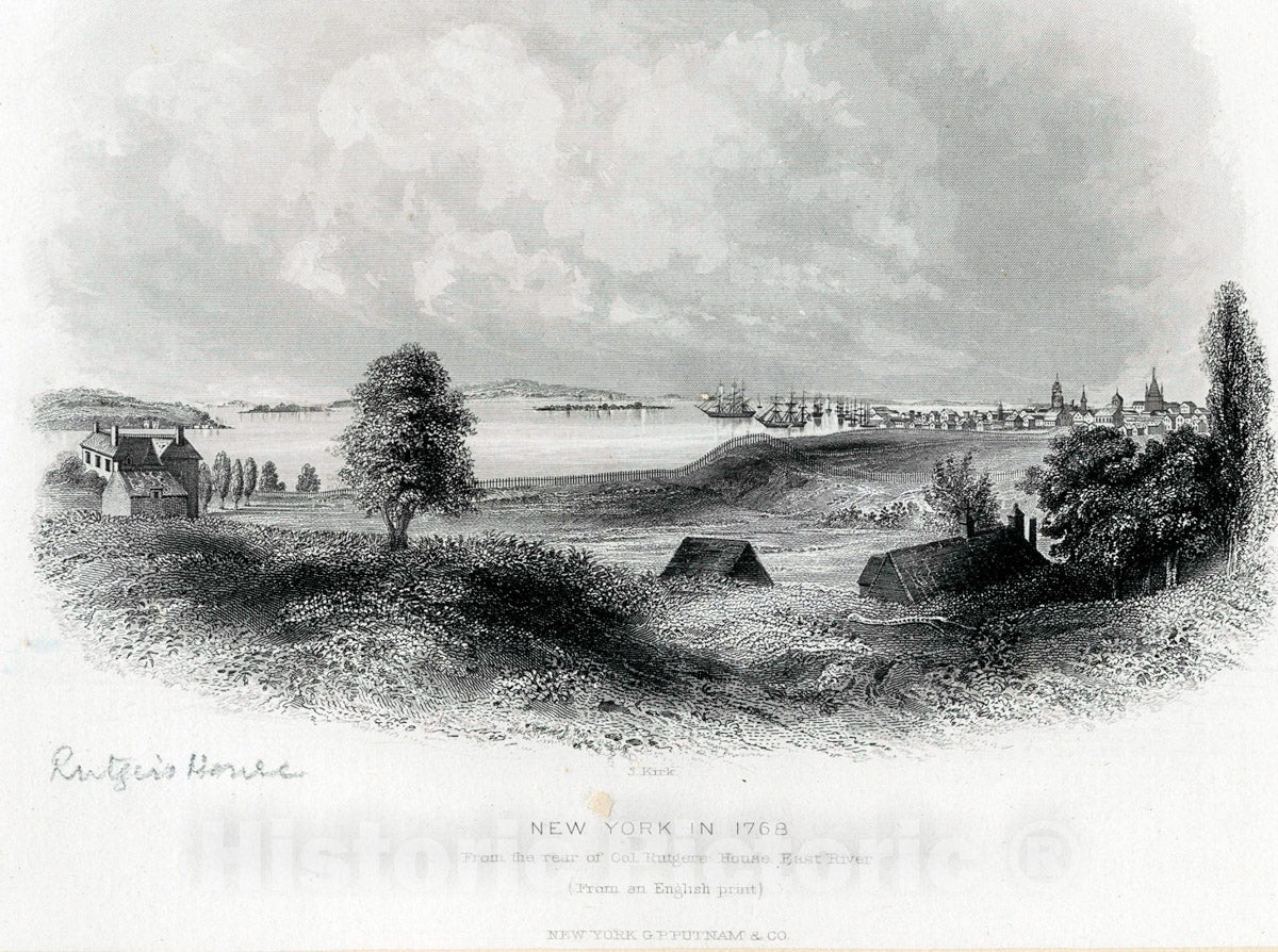 Art Print : New York in 1768 from The Rear of Col. Rutgers House, East River - Vintage Wall Art