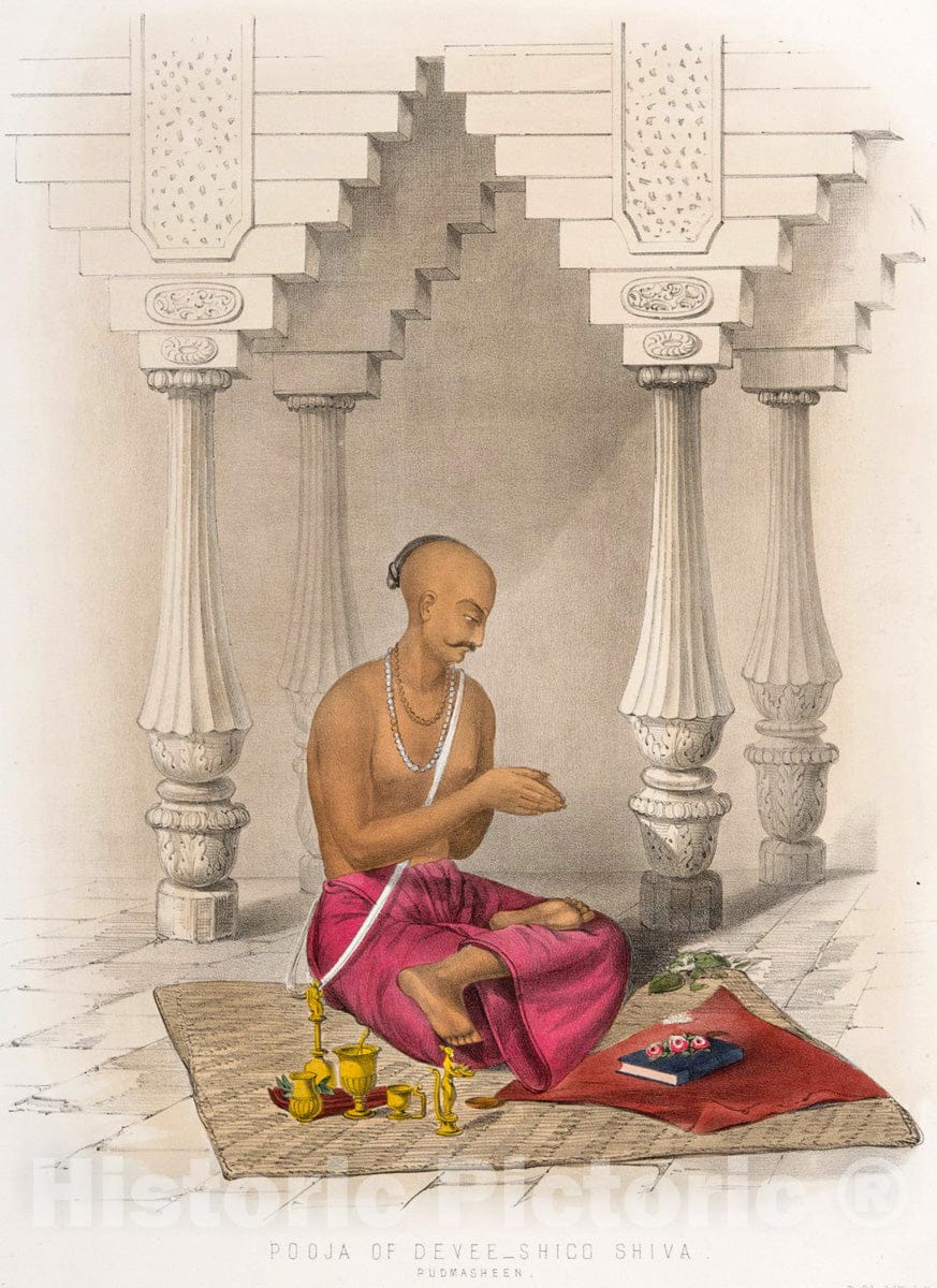Art Print : 1851, Poojah [Puja] of Devee-Shico Shiva [ Devi (Siva-Siva)]. Pudmasheen [padmasana - Vintage Wall Art