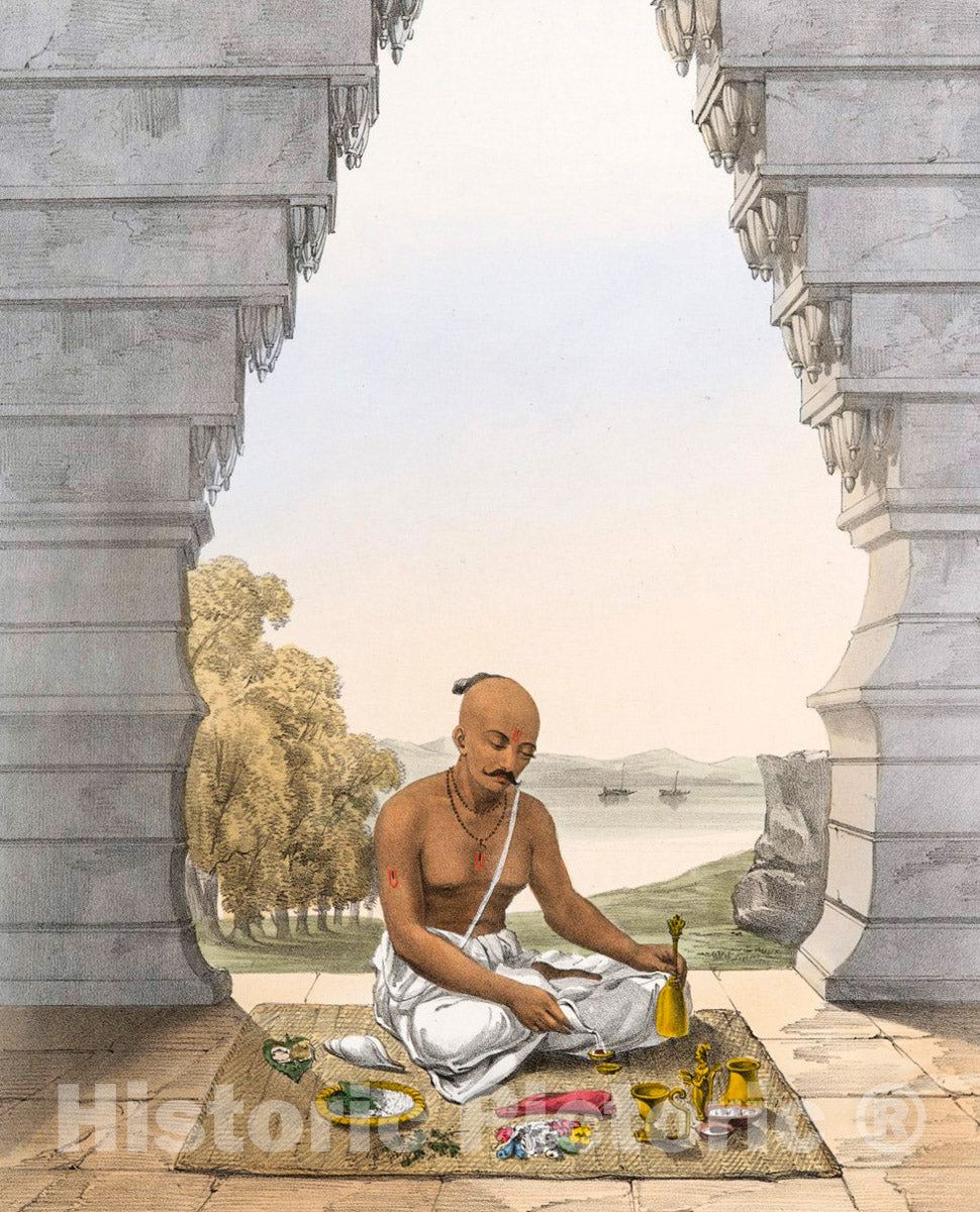 Art Print : 1851, Poojah [Puja] of Vishnoo [Vishnu]. Pouring Water on The Saligram [Saligrama]. - Vintage Wall Art