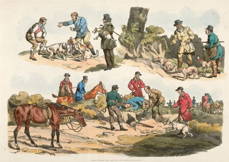 Art Print : 1817, Trying to get Animal from its Burrow. - Vintage Wall Art V2