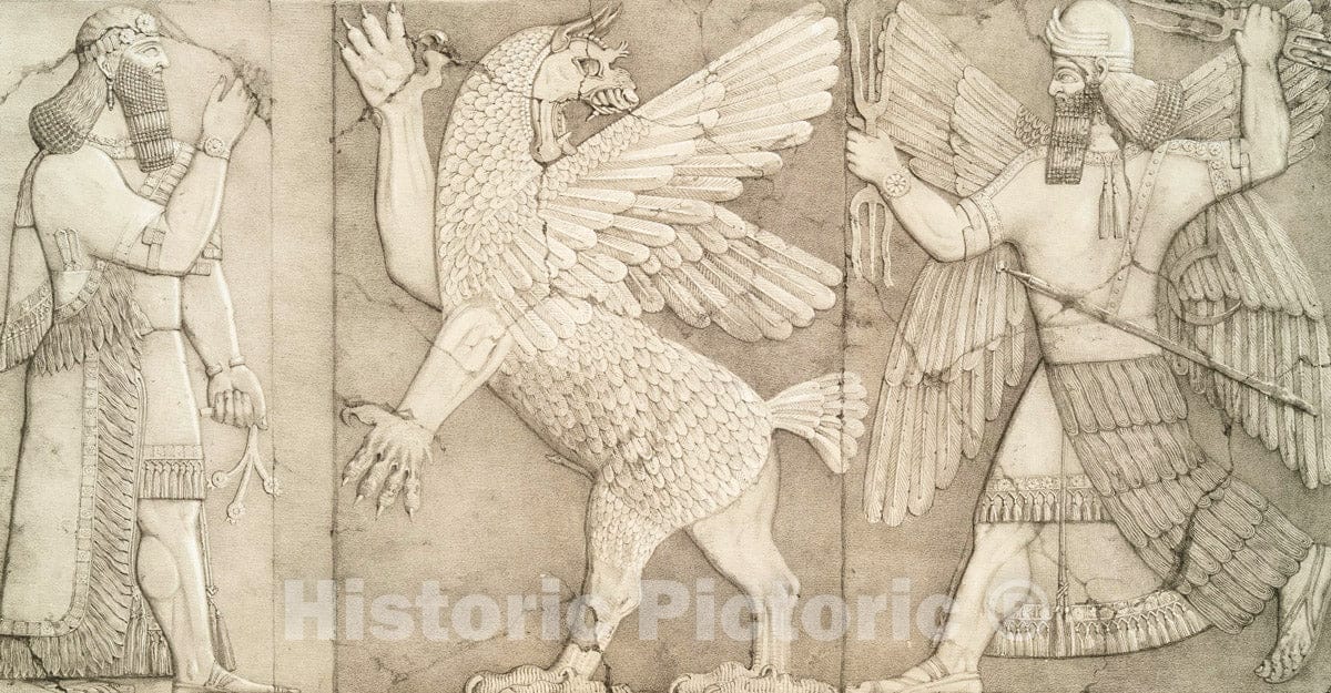 Art Print : 1853, Bas-reliefs at an Entrance to a Small Temple (Nimroud.) - Vintage Wall Art