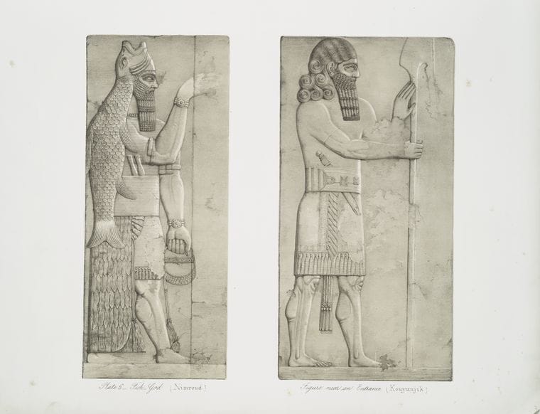 Art Print : 1853, Fish-god. (Nimroud.) [Nimrud]; Figure Near an Entrance. (Kouyunjik) [Quyunjik]. - Vintage Wall Art