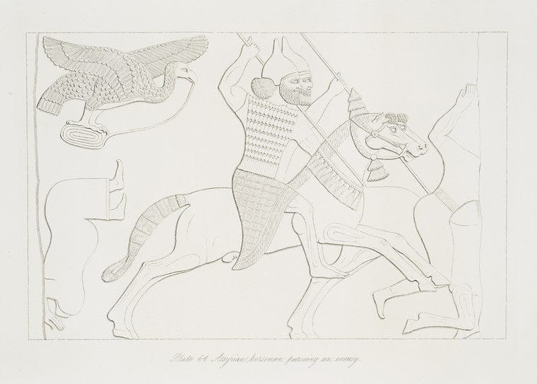 Art Print : 1849, Assyrian Horsemen pursuing an Enemy. - Vintage Wall Art