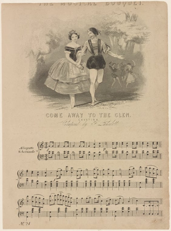 Art Print : The Musical Bouquet. Come Away to The Glen. Cavatina. Composed by F. Lancelott, 1819 - Vintage Wall Art