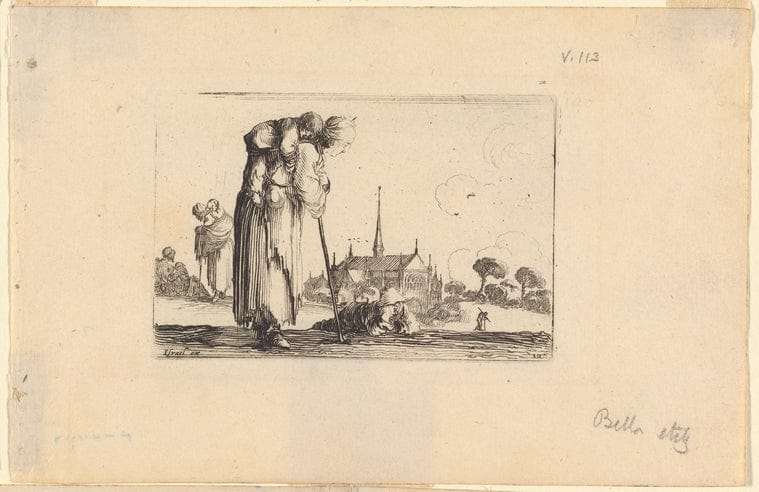 Art Print : Une pauvre Femme debout et Tournee vers la Droite Porte Son Enfant sur Son dos, 1601-1700 - Vintage Wall Art