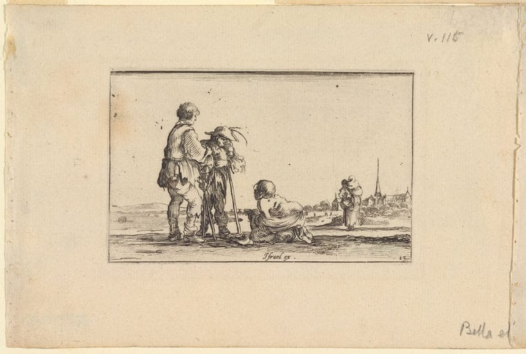 Art Print : Deux pauvres, debout, appuyes sur leurs batons et tournes vers la Droite, 1601-1700 - Vintage Wall Art