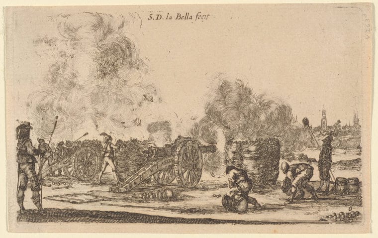 Art Print : Une batterie de canons tire contre une Ville qu'on apercoit Dans le lointain, a Droite, 1601-1700 - Vintage Wall Art V1