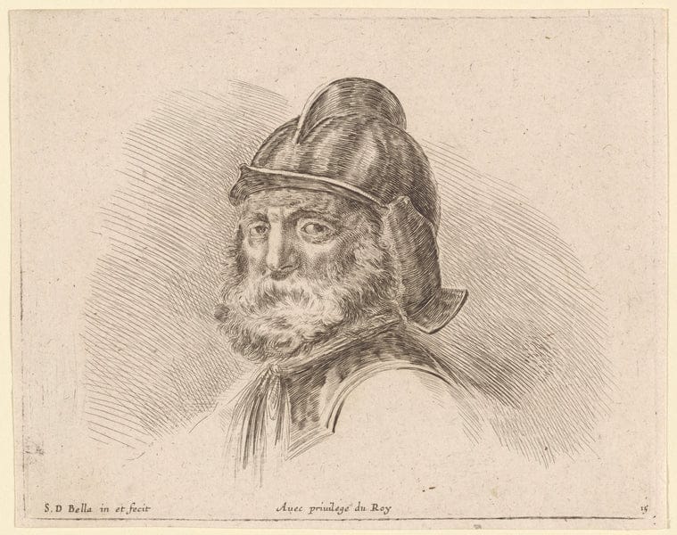 Art Print : Tete de Vieux Soldat barbu, avec Casque, tourne de Trois quarts a Gauche, 1601-1700 - Vintage Wall Art