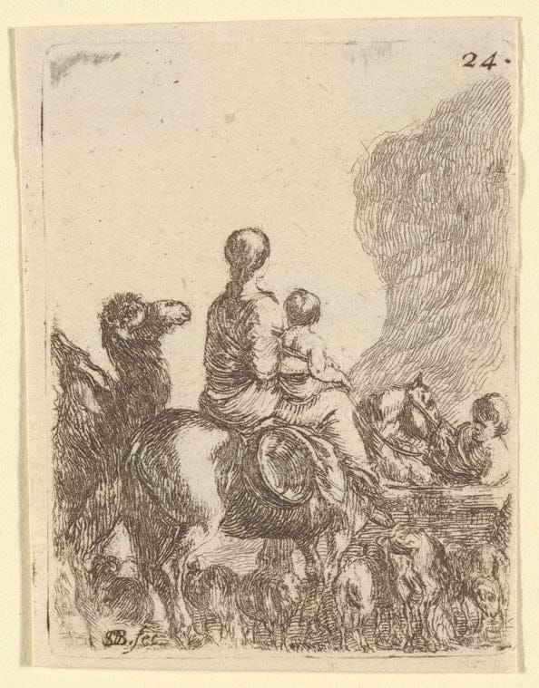 Art Print : Une Femme a Cheval, tenan Son Enfant Devant elle et se dirigeant vers la Droite, 1601-1700 - Vintage Wall Art