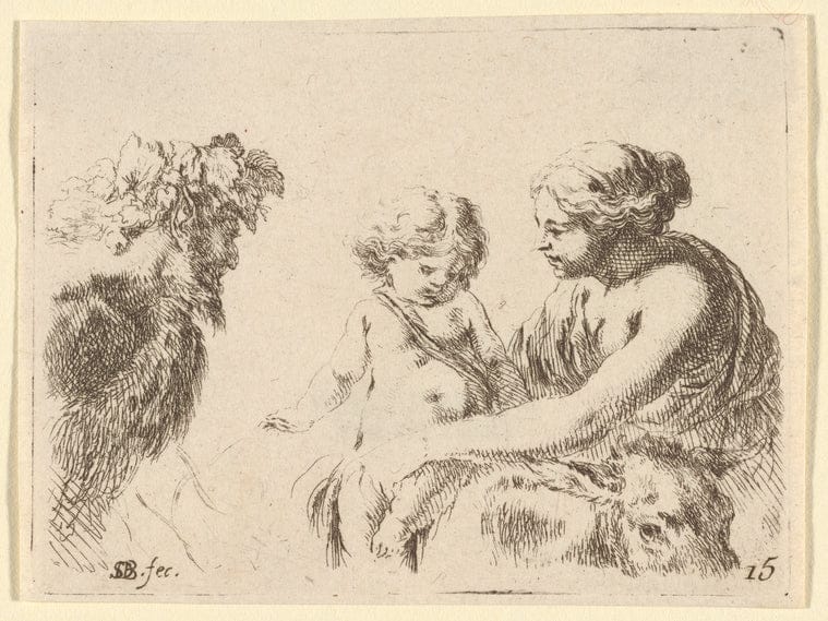Art Print : A Droite, une Femme assise et Tournee vers la Gauche tient Son Petit Enfant Assis sur un ane, 1601-1700 - Vintage Wall Art