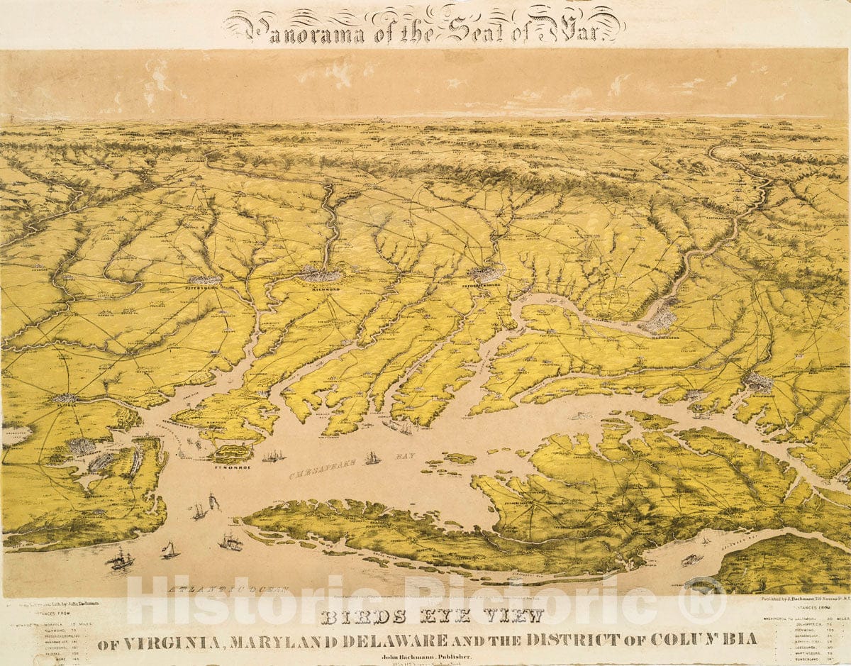 Art Print : 1861, Panorama of The seat of war. Birds Eye View of Virginia, Maryland Delaware and The District of Columbia - Vintage Wall Art