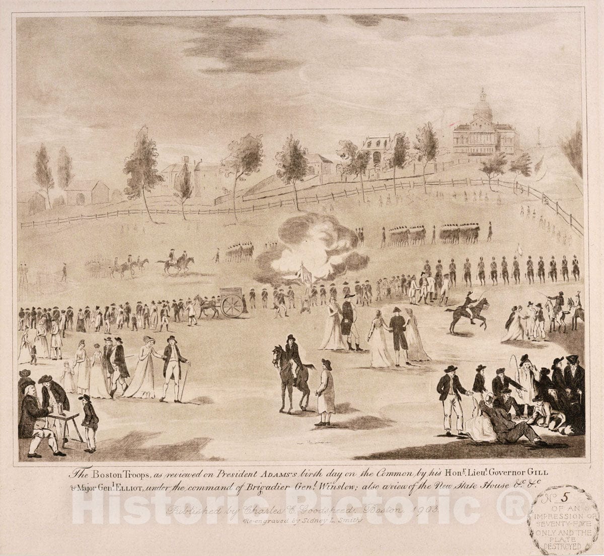 Art Print : 1903, The Boston Troops as reviewed on President Adam's Birthday Also a View of The New State House & C. - Vintage Wall Art