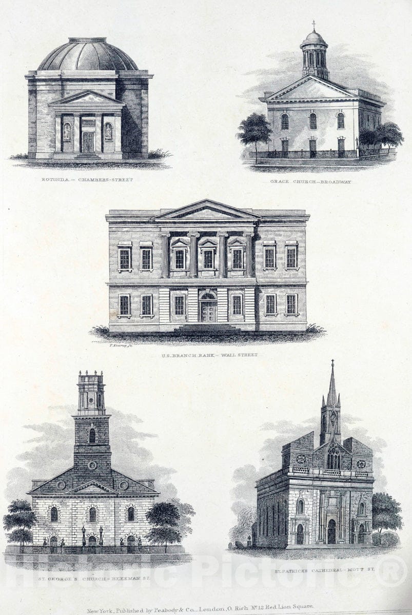 Art Print : 1831, Rotunda, Chambers Street, Grace Church, Broadway, U.S. Branch Bank, Wall Street - Vintage Wall Art